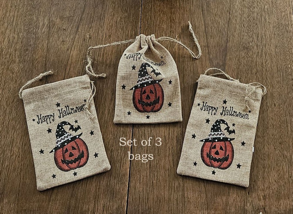 Set of 3 Happy Halloween Jack-o-Lantern Pumpkin 5″ x 8″ Drawstring Bags – Fall