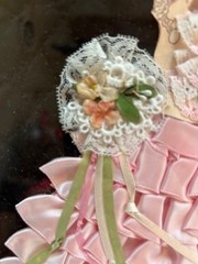 vintage lovely lady dressed in folded ribbons VERY nice gold frame/pink outfit