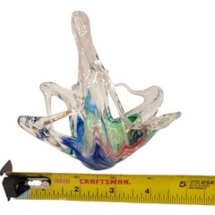 Hand Blown Murano Art Glass Basket Bowl Handle Ruffled Rim Blue Green Pink Swirl