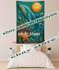 Whale Moon Ocean Relief Tapestry 3D look Wall Art coastal decor 39X59 in