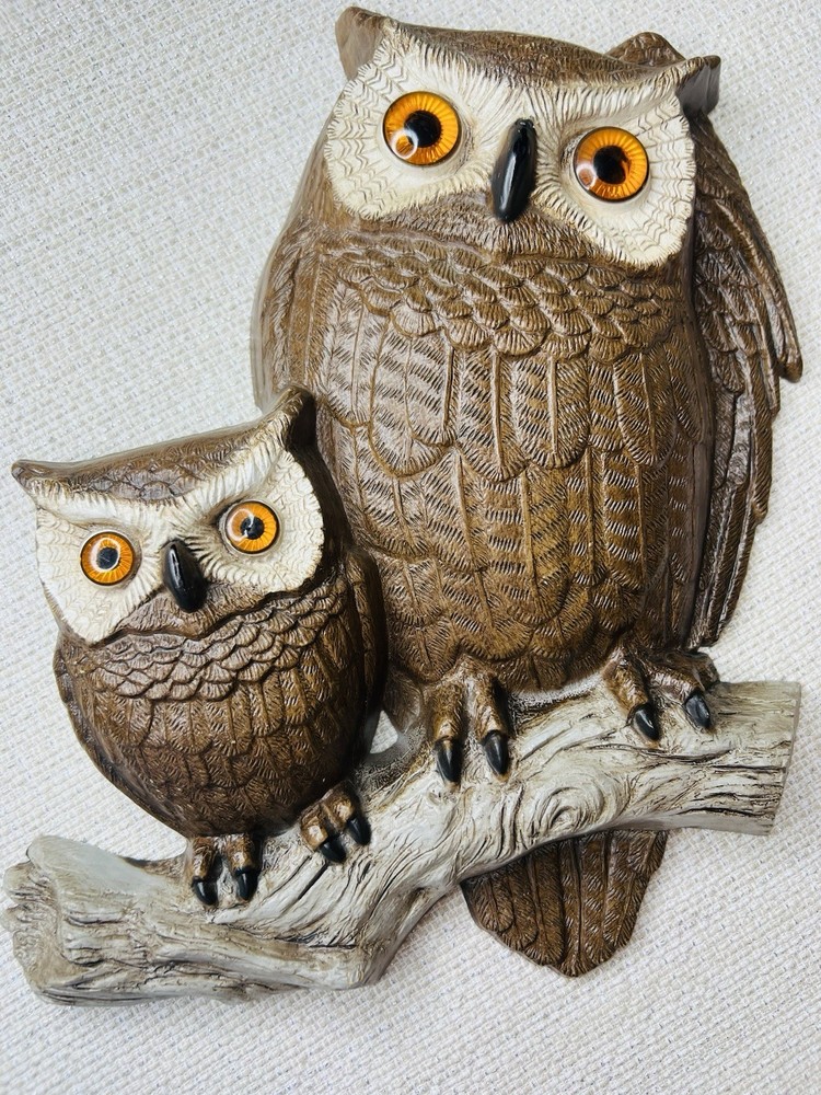 Vintage 1977 Mom + Baby Owl Wall Hanging Burwood Products Co Hard Plastic MCM