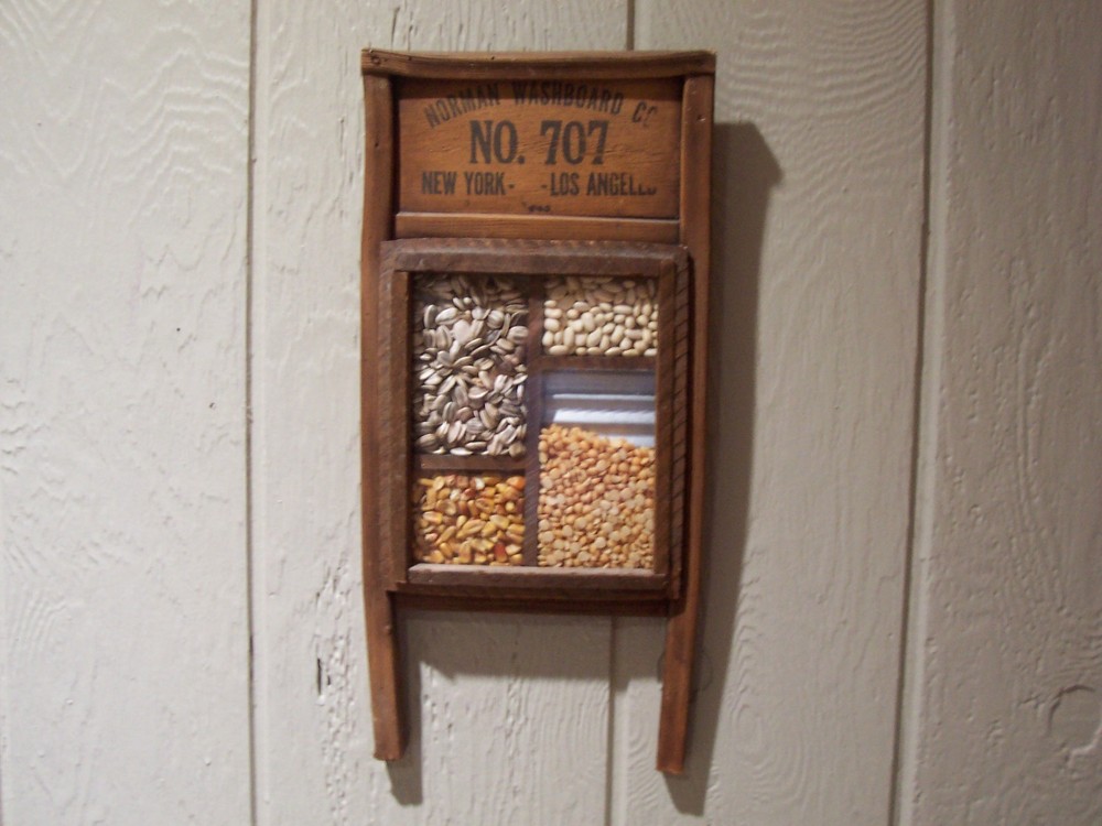 Decorative Rustic Look Washboard With Seeds Corn Beans Nuts & Sunflowers Hangs