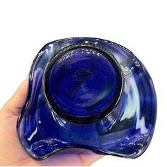 1980s Art Glass Hat Shaped Dish Bowl Clear Cobalt Blue Swirls Folded Edges VTG