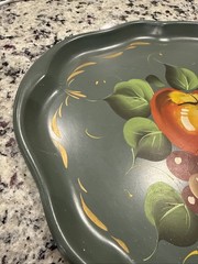 Vintage Hand-Painted Toleware Metal Tray Apple Peach Grapes 16 3/4” x 14”