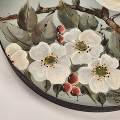 2 VTG Hand Painted Round Wood Lid Dogwood Berries Chickadee Bird Farmhouse Decor