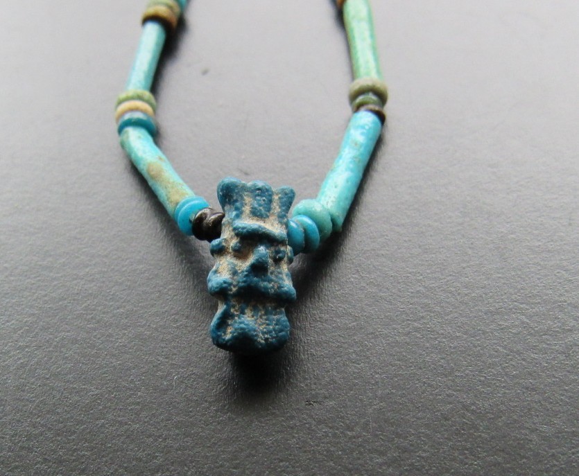 NILE Ancient Egyptian Bes Amulet Mummy Bead Necklace ca 300 BC