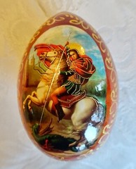 Decorated Wooden Egg featuring St George and the Dragon, new, origin unknown