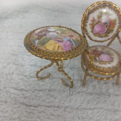 Vintage Limoges France Miniature Bistro Table And Chairs Set of 3 Dolls House