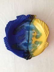 Ceramic Stoneware Pottery Fish Plate Candy Nut Dish Bowl Blue Drip Glaze Greece
