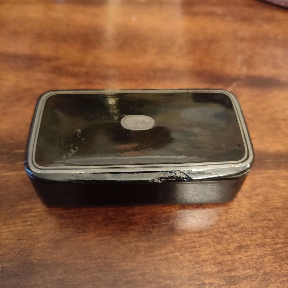 Antique probably Edwardian snuff box with pewter cartouche and decoration