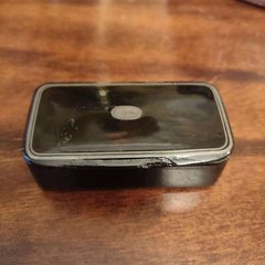 Antique probably Edwardian snuff box with pewter cartouche and decoration