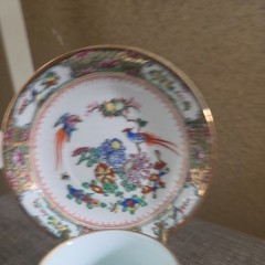VTG Chinese 4.5” Porcelain Gilted Floral & Birds Demitasse Cup & Saucer w stand
