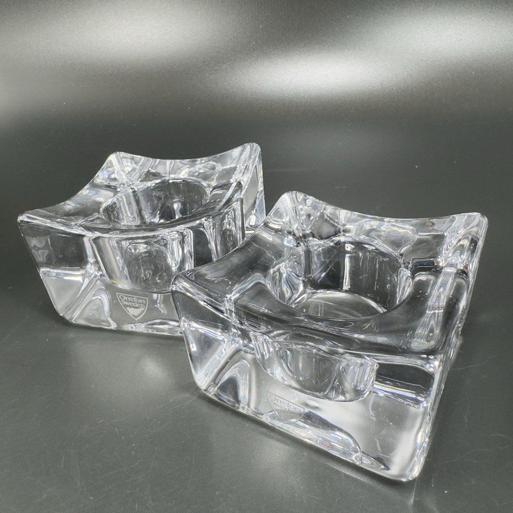 Orrefors Asymetrical Heavy Ice Cube Crystal Votive Candle Holder Sweden Set 2