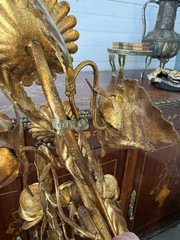 LARGE MID-CENTURY ITALIAN FLORENTINE TOLE GILT ROSES CANDELABRA 12”