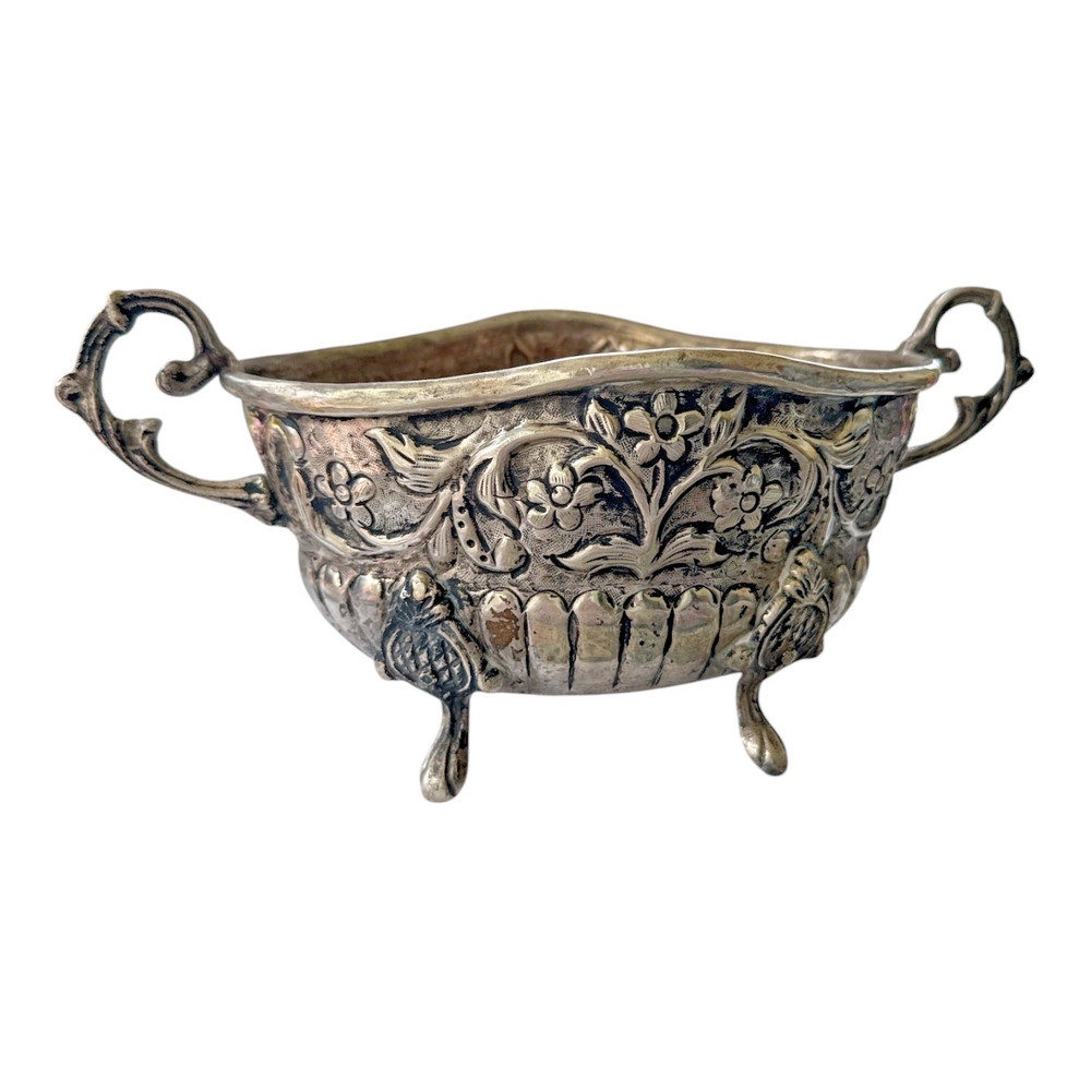 Vintage Floral Footed 2 handed Bowl Hammered Metal Rococo Revival Style
