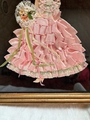 vintage lovely lady dressed in folded ribbons VERY nice gold frame/pink outfit