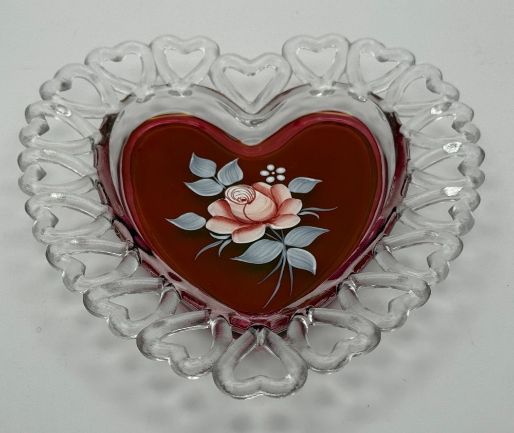 VTG Westmoreland Ruby Red Heart Trinket Dish Signed B. Weiss 1978 Rose Floral 8″