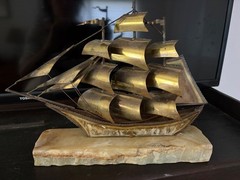 DeMott Signed Clipper Ship Brass & Marble Sculpture 10” High Vintage