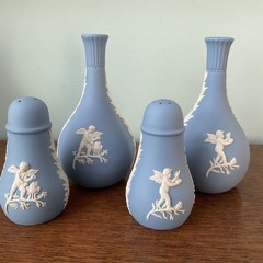 Wedgwood Blue Jasperware Four Seasons Cherubs Salt & Pepper AND Pair Bud Vases