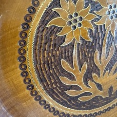 Vintage Carved Wood Plate with Metal Inlay Floral Design Dahlias 11” Wall Decor