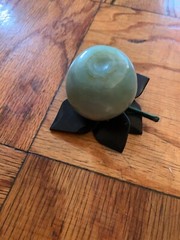 Vintage Carved Stone Jade Apple w/ Silk Wrapped Wood Stem and 5 Stone Leaves