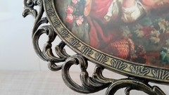 Vintage Made in Italy Kids Playing Print Oval Glass Ornate Metal Frame EUC
