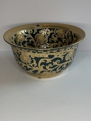 Stunning Gold& Dark Green Tapestry Porcelain Contour Bowl 10”d Asian Traditional