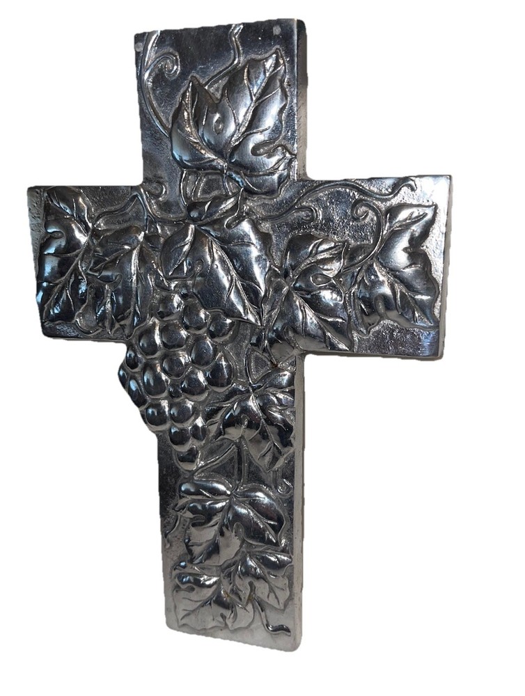 Beautiful Cast Aluminum 9 Inch Hanging Wall Cross Grapes Motif Fun