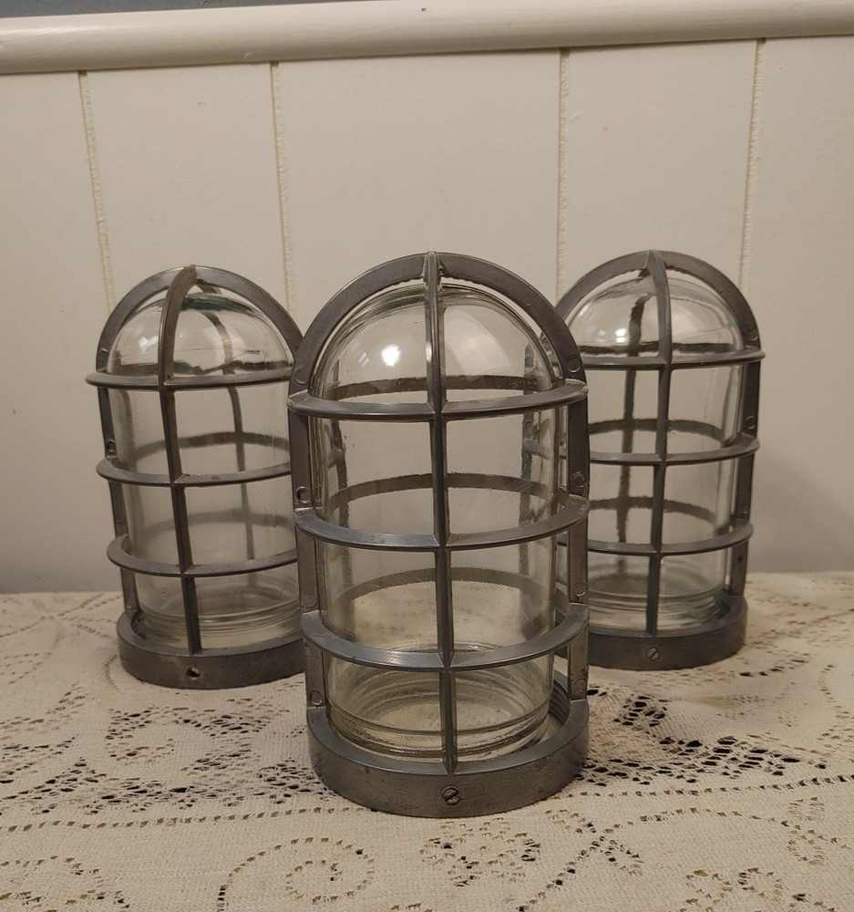 3 Vtg Cast Aluminum Light Bulb Cage & Glass Insert Lamp Industrial MCM