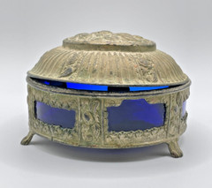 Vintage Art Nouveau Silver Over Pewter Lidded Candy Bowl Cobalt Blue Glass