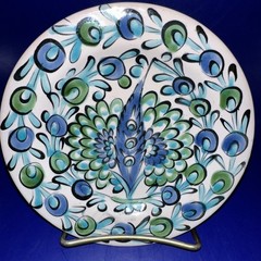 VINTAGE 6” IKAROS POTTERY RHODES GREECE WALL PLATE BLUES GREENS FLORAL FEATHER