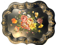 Large Vintage Black Metal Toleware Tray Hand Painted floral serving tray 25 x 20