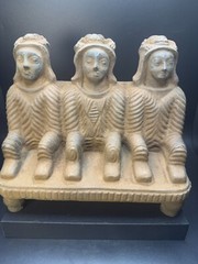Rare Bactrian Sandstone Sculpture – Seated Trio – Ancient Central Asian Artifact