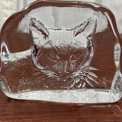 Vintage Reverse Carved Art Glass Cat Home Decor Heavy Glass Piece Clear Glass