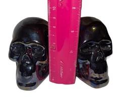 2 Ceramic Skull Skeleton Head Figurines ￼ Black Halloween Fun