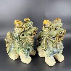 Vintage 1980s Ceramic Majolica Green Foo Dogs Set 2 Shishi Lions Good Luck vtg