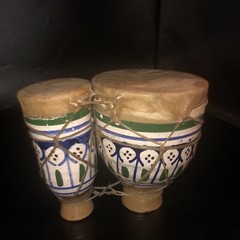 Pair ❤️ Joined Vintage Hand Painted Pottery BONGO DRUMS Retro Skin Ceramic