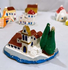 Ceramic Mini Greek Village (8) Houses Church Boat Handmade Hand-Painted
