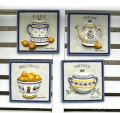 VTG French Kitchen Wall Plaques 3D Relief French Pottery IV Quimper Style Decor