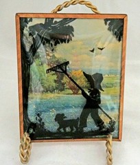 Pair 1940 Convex Benton Glass Matching Silhouettes 4×5” Boy w/ Rake & Fishing