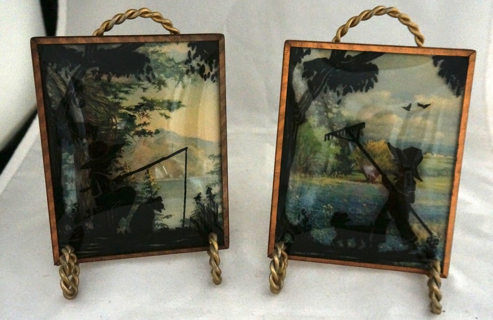 Pair 1940 Convex Benton Glass Matching Silhouettes 4×5” Boy w/ Rake & Fishing