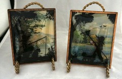 Pair 1940 Convex Benton Glass Matching Silhouettes 4×5” Boy w/ Rake & Fishing