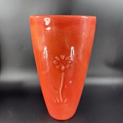 Antique Tall Pottery Vase Embossed Flower USA Hand Made Vase Vessel Orange Red