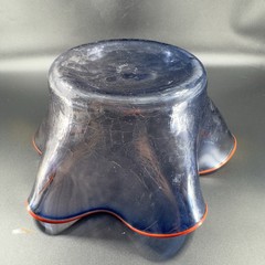 Boatman Studio Art Glass Hand Blown Bowl Dish Crackle Blue Glass Red Edges VTG