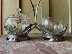 Art Nouveau Pewter Crystal Caddy, Bingit Zinn Jugendstil Condiment Server