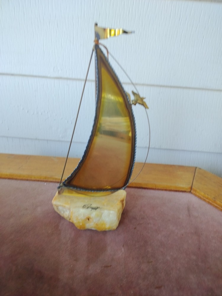 MCM Decor John DeMott Signed Metal Brass Sailboat Sculpture On Stone Nautical