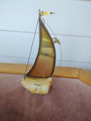 MCM Decor John DeMott Signed Metal Brass Sailboat Sculpture On Stone Nautical