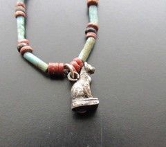 NILE Ancient Egyptian Silver Cat Amulet Mummy Bead Necklace ca 000 BC