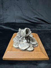 Pewter Open Mouth Bass & Lily Pad On Wooden Base