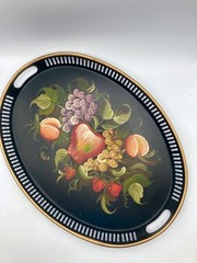 Vintage Tole Tray Hand Painted Fruit Gold Trim Pierced 17 1/2″ L x 13 W
